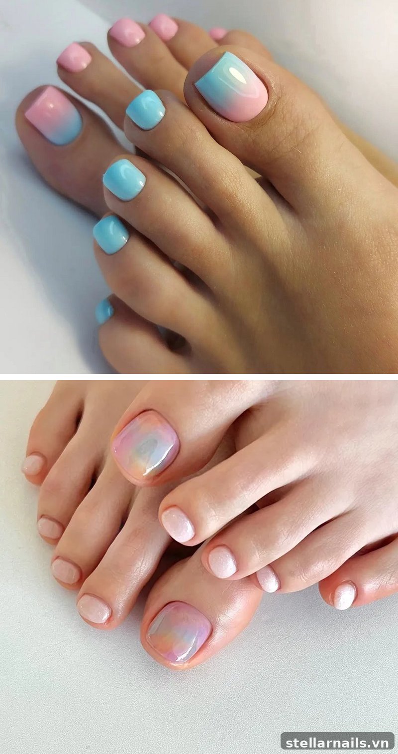 Mẫu móng chân ombre hồng sang trắng dịu dàng