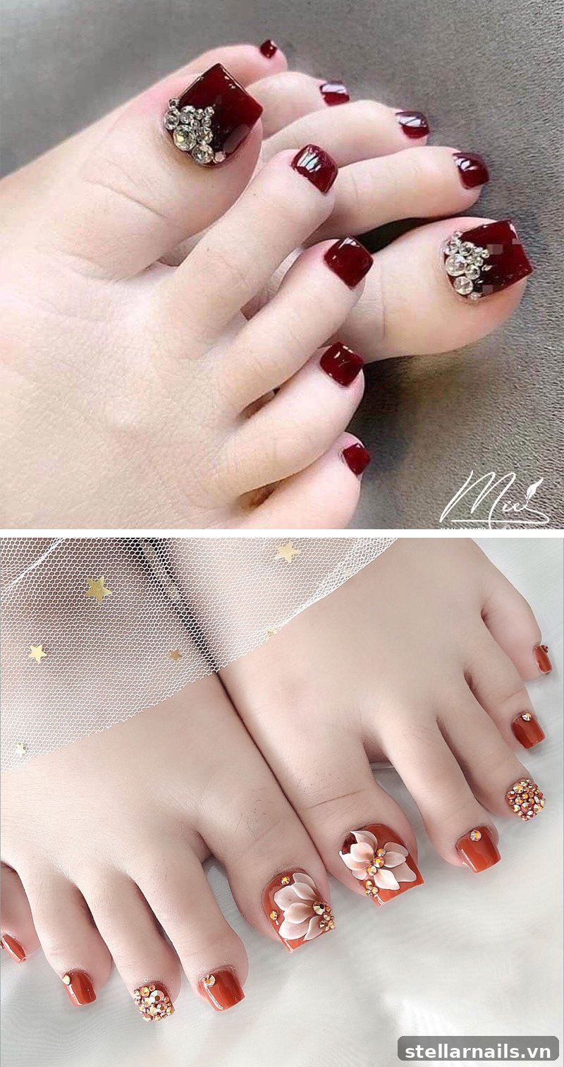 Mẫu móng chân đính đá bạc trên nền trắng sữa
