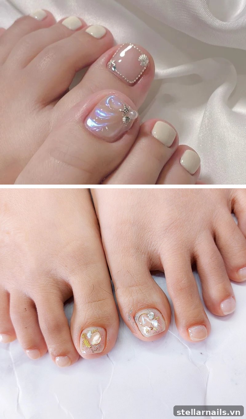 Mẫu móng chân trắng sữa và họa tiết sóng nhẹ