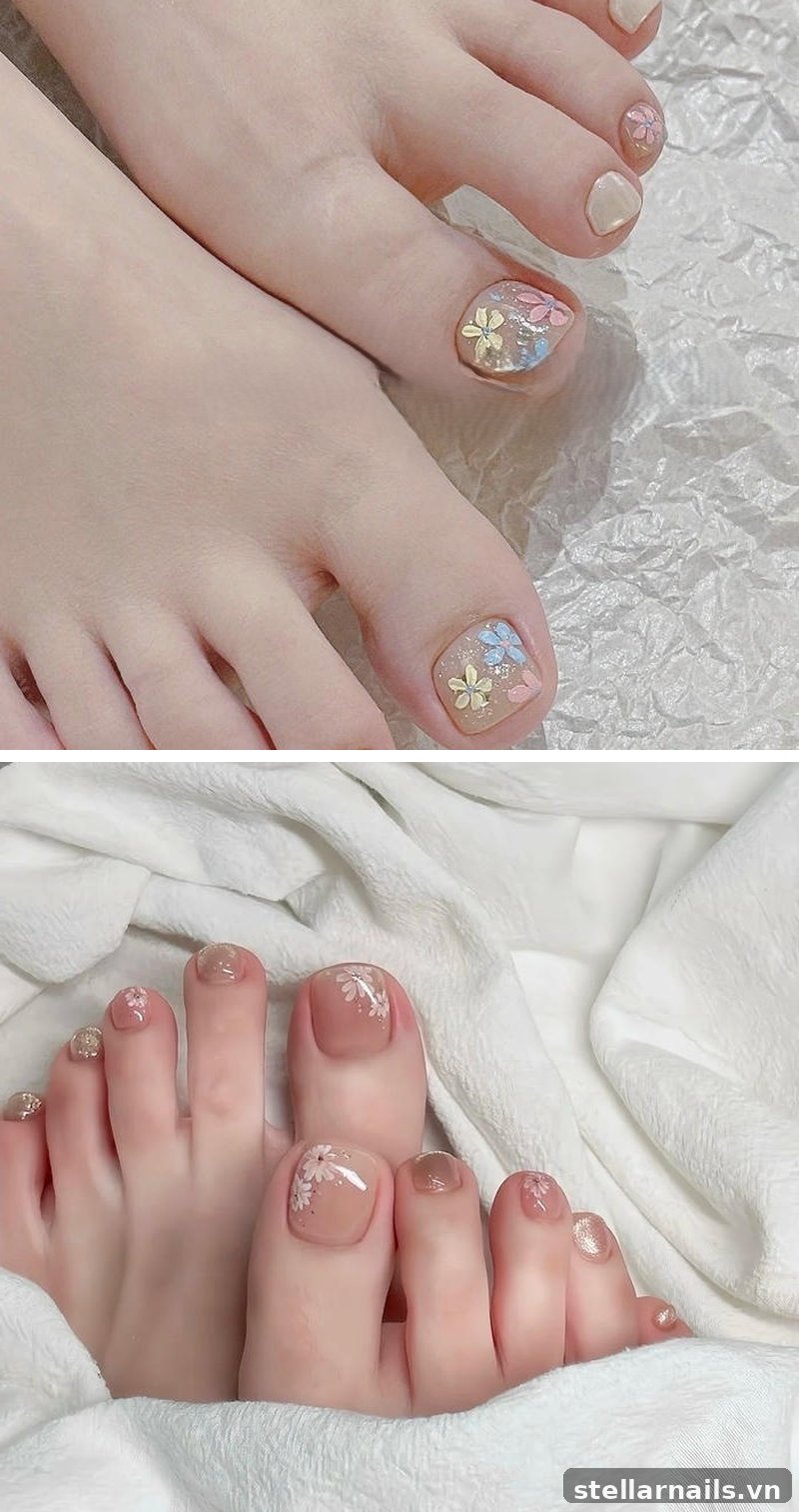 Mẫu nail chân họa tiết hoa cúc nhỏ nhẹ nhàng