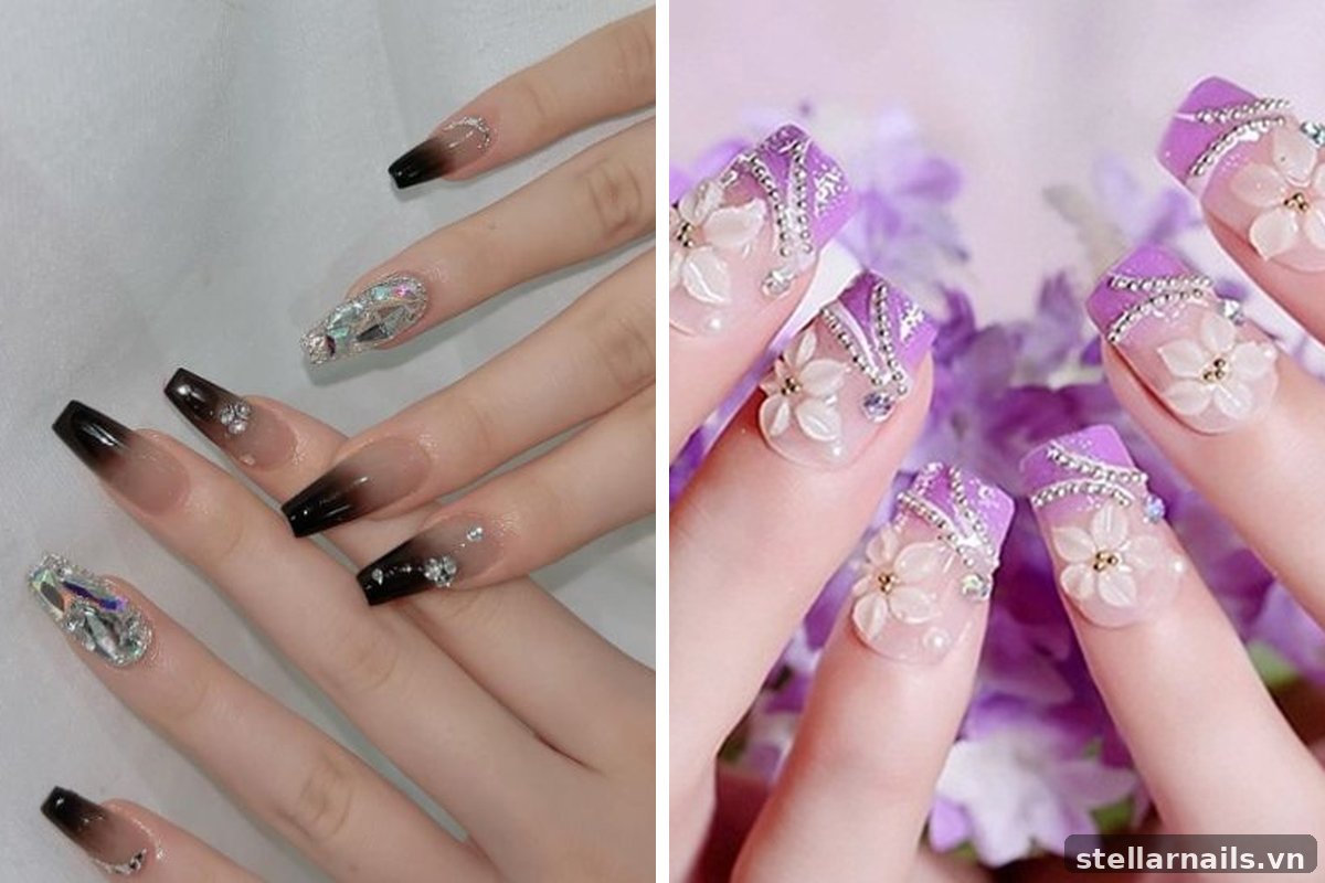 mẫu nail móng dài phối nhẫn mảnh