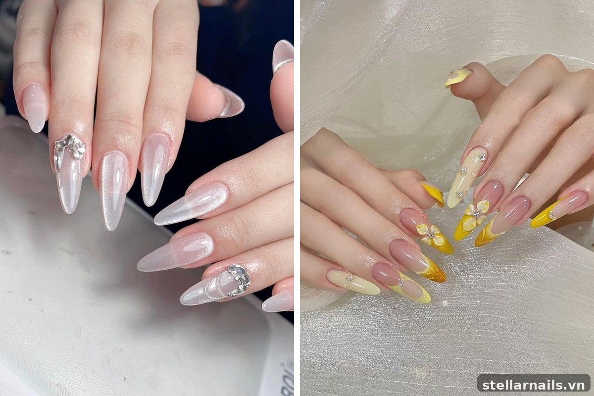 mẫu nail móng dài màu nude nhẹ nhàng