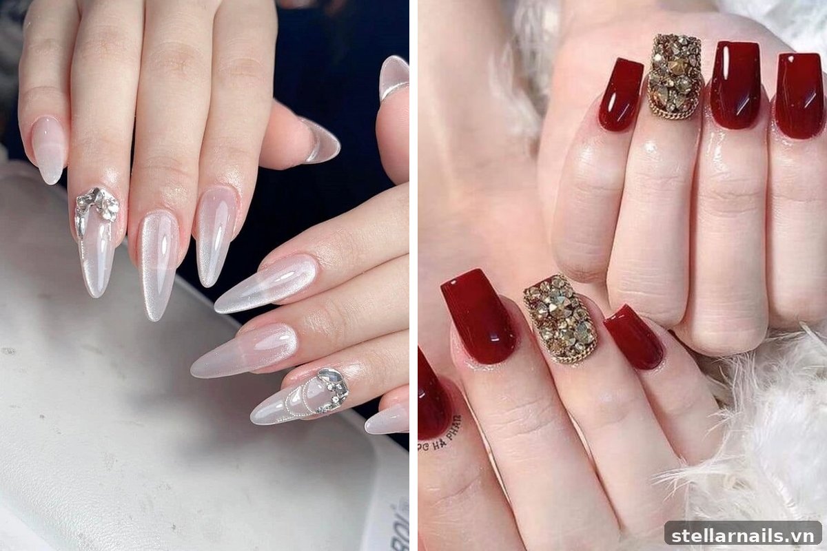 mẫu nail móng dài đỏ kết hợp đá nhỏ