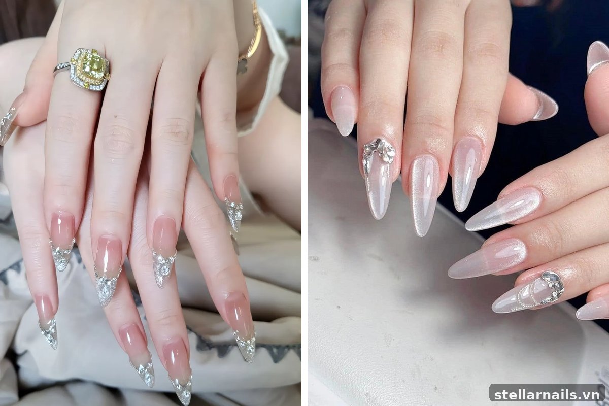 mẫu nail móng dài đính đá nhỏ tinh tế