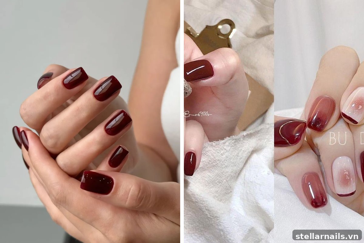 mẫu nail móng ngắn màu đỏ trầm sang trọng