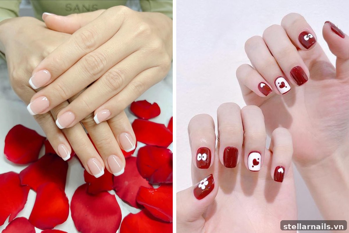 mẫu nail móng ngắn form vuông màu đỏ nhẹ