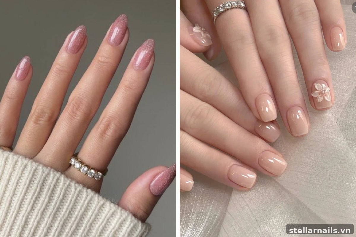 mẫu nail móng ngắn form tròn màu hồng