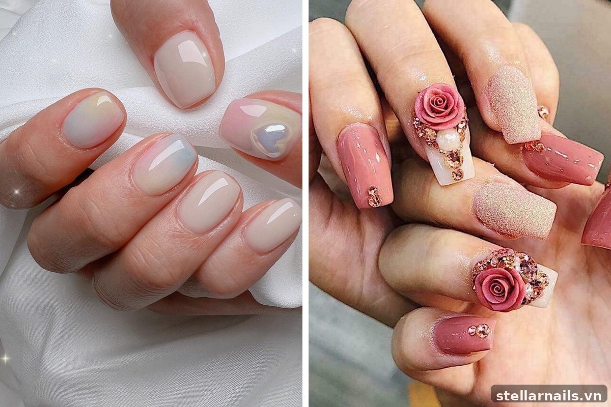 mẫu nail móng ngắn form oval màu nude