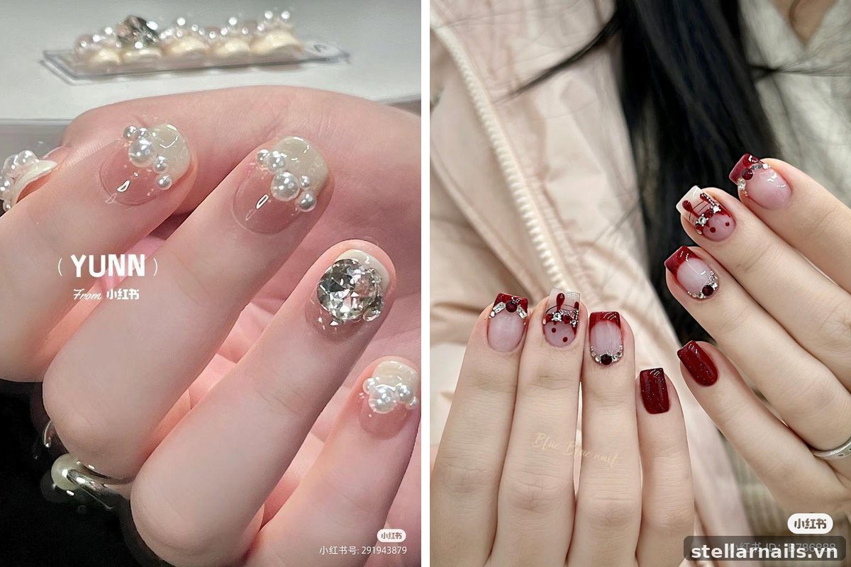 mẫu nail móng ngắn đính đá nhỏ ở ngón áp út