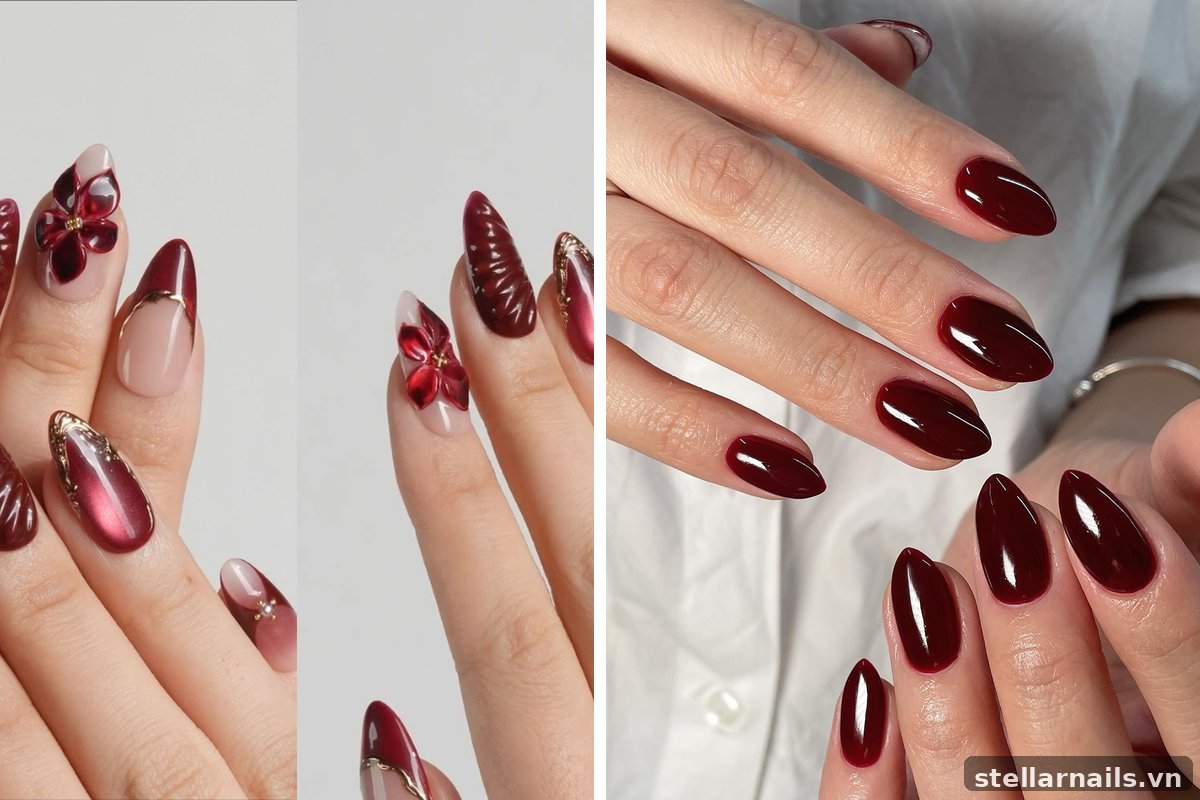 mẫu nail màu đỏ rượu kết hợp phụ kiện vàng kim