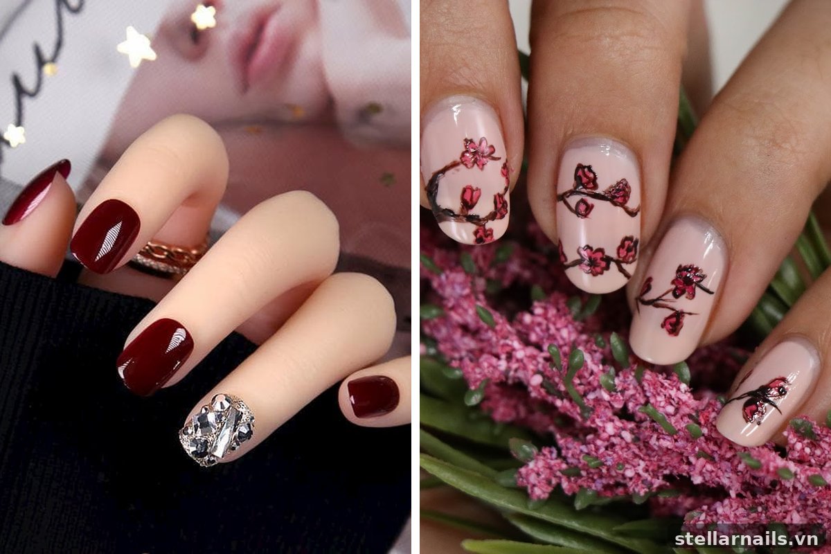 mẫu nail màu đỏ rượu cho móng dài form oval