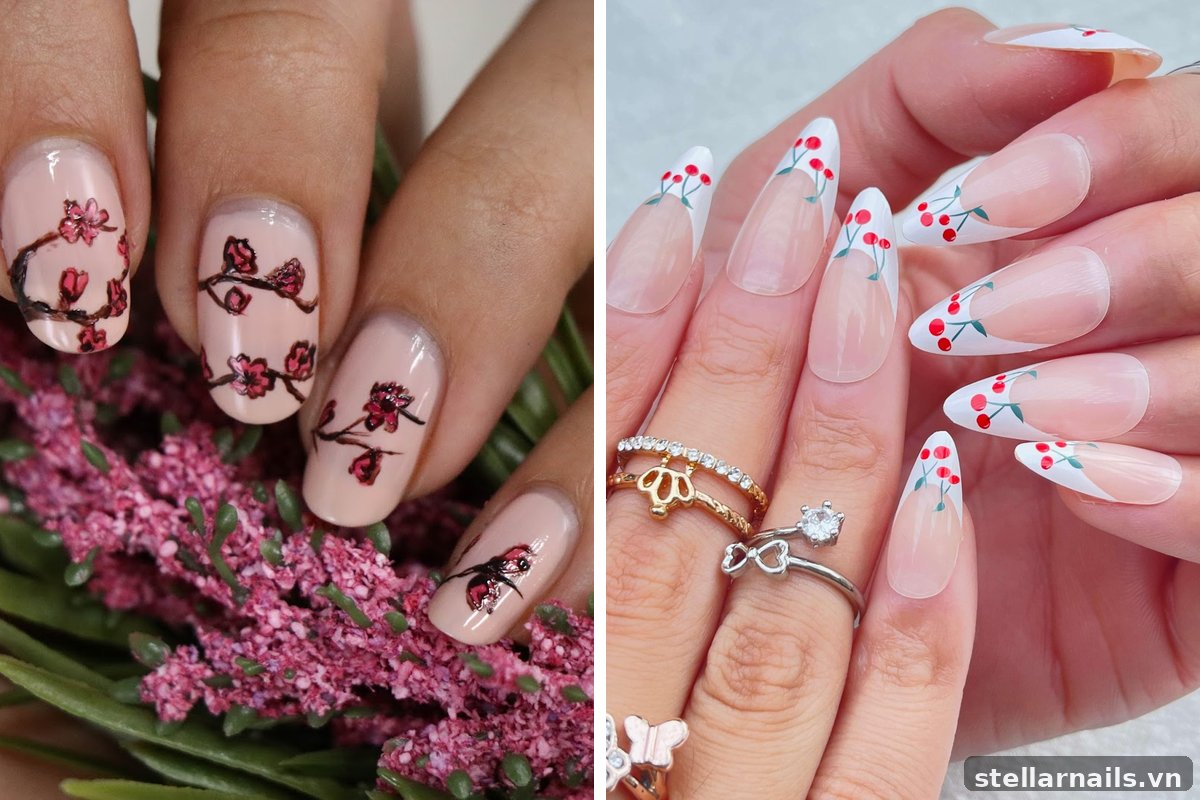 mẫu nail đỏ cherry trẻ trung
