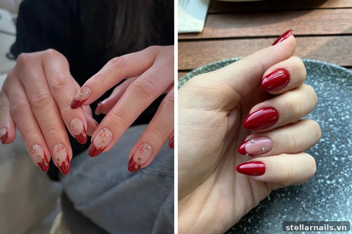 mẫu nail đỏ cherry kết hợp họa tiết nhỏ