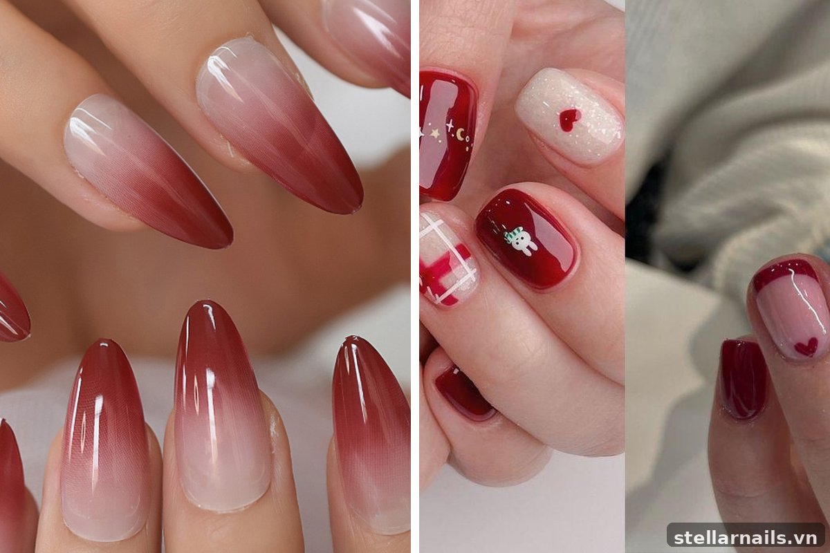 mẫu nail màu đỏ đô trầm ấm
