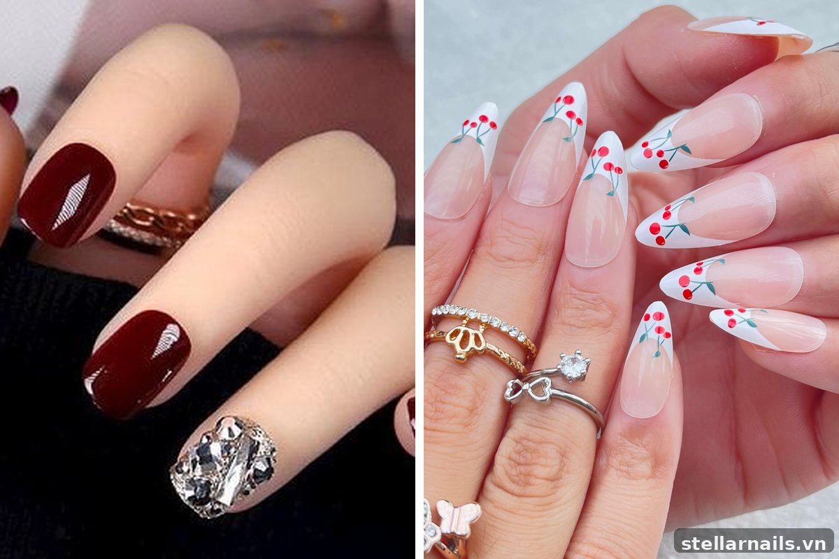 mẫu nail màu đỏ mận cho móng dài form oval