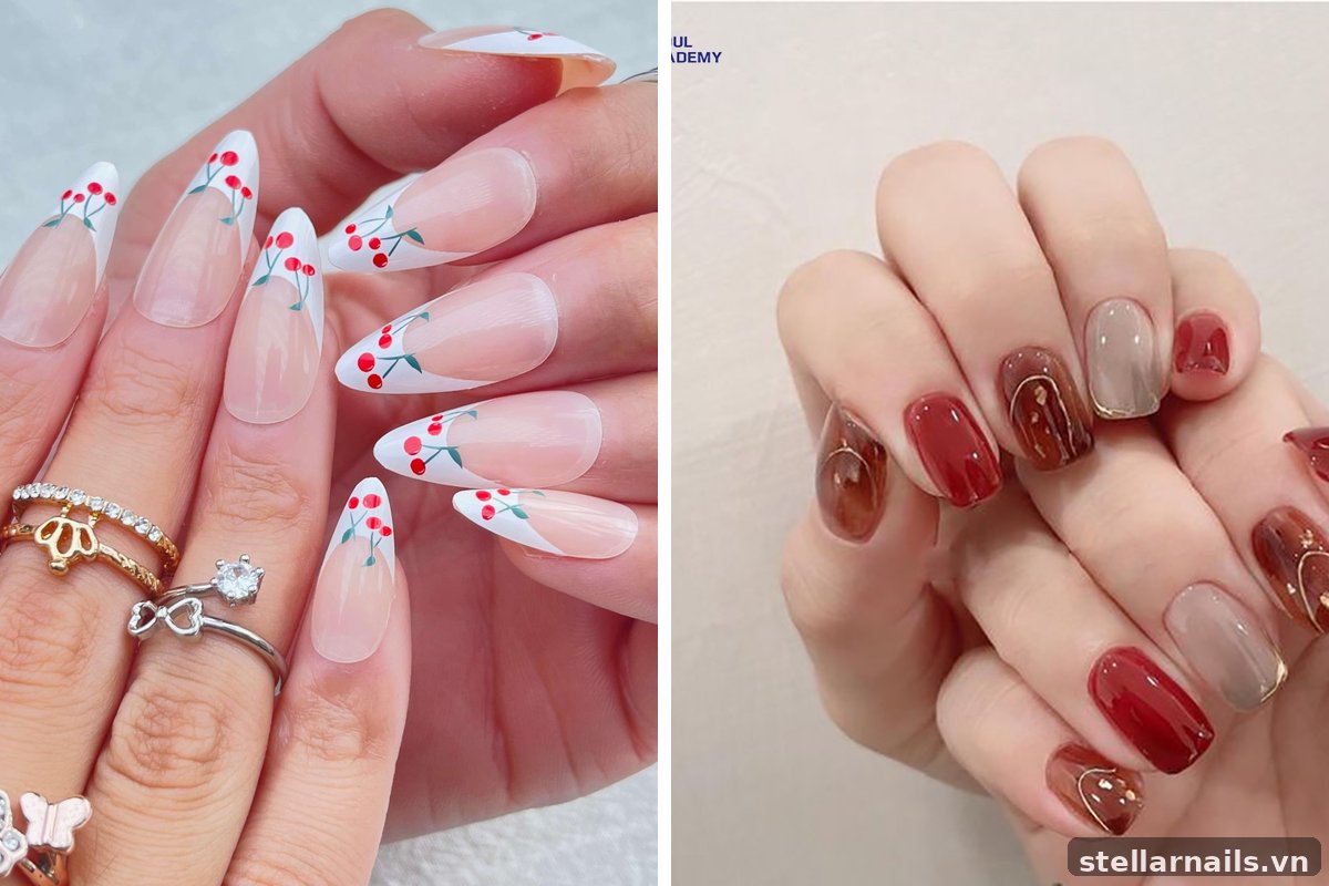 mẫu nail màu đỏ trầm ấm nhẹ nhàng cho da ngăm