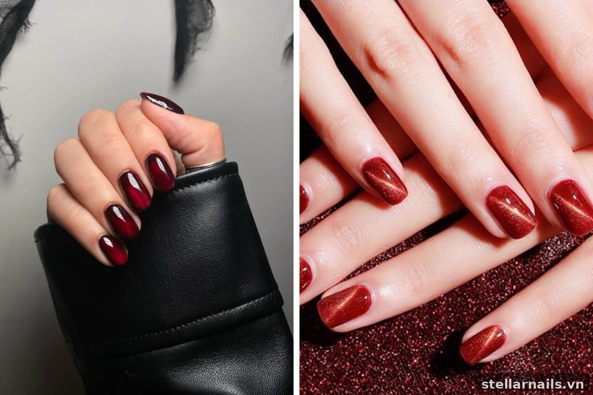 nail mắt mèo đỏ rượu kết hợp đen