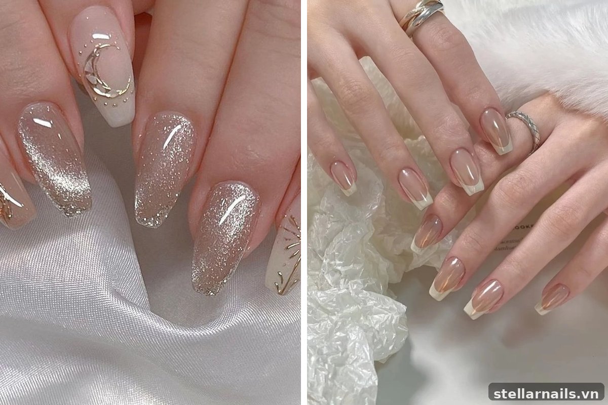 nail mắt mèo french trắng kết hợp vệt sáng
