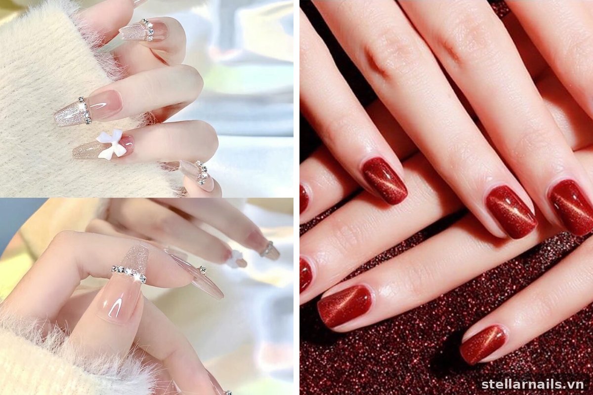 móng tay mắt mèo gắn charm nơ nhỏ xinh